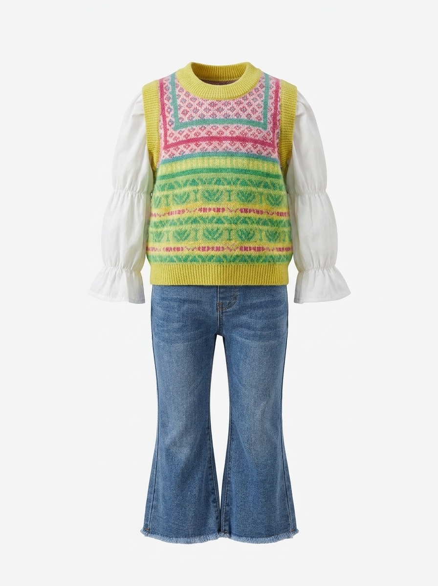 Set Girls Trumpet Sleeves Colorful Vest
